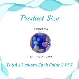 GOMAKERER Pack of 24 12 Colours Lampwork Flower Glass Beads, 12 mm Large Millefiori Lampwork Beads, Round Beads, European Murano Glass, Handmade Loose Crystal Beads for Jewellery Making