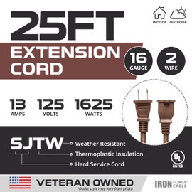 Iron Forge Cable 2 Prong Outdoor Extension Cord 25 ft, 16/2 SJTW 25 Foot Brown Extension Cord, Weatherproof - Great for Outdoor Lights, Deck, Patio