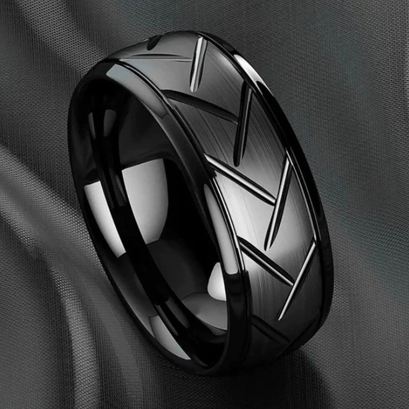 ZENSE - Men's Glossy Black Ring with Grooves ZR0177