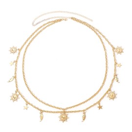 Onperpoe Gold Chain Belt for Women Girls Double Layer Waist Chain Gold Stylish Retro Sun Moon Star Adjustable Metal Belt Skinny Waistband Chain Body Link Decorated for Dresses, Skirts, Jeans,