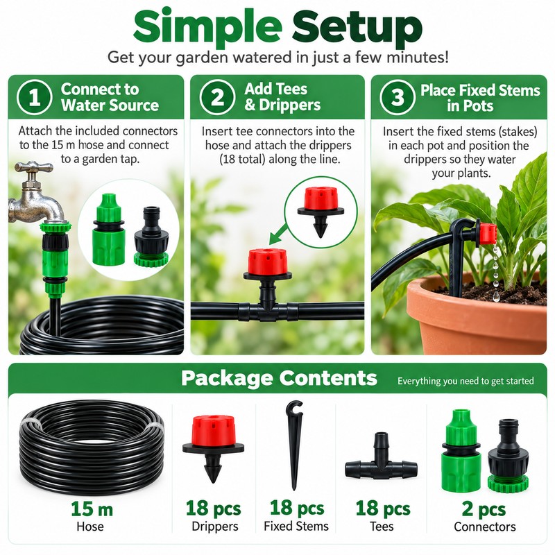 Drip Irrigation Kit for Garden & Greenhouse – 10M–30M Micro