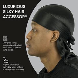 Roman-T Silky Satin Durag - Stylish & Comfortable Durags - Long & Wide Tails - Black
