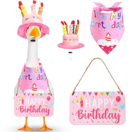 Memorywuu Happy Birthday Porch Goose Outfit Lawn Goose Cloth Costume for 23" Cement Plastic Patio Yard Statue Outdoor(Pink,Triangle Scarf)