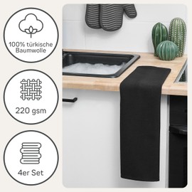 Bellphany Set of 4 premium tea towels, black, kitchen towels made of 100% cotton, Oeko-Tex certified tea towels, 45 x 60 cm, black plain