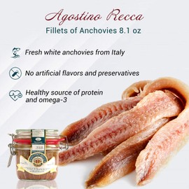 Agostino Recca Anchovies Fillets in Olive Oil - Wild Caught Fish from Italy - Anchovy Fillets for Pizza, Pasta, Salads (8.1 oz)