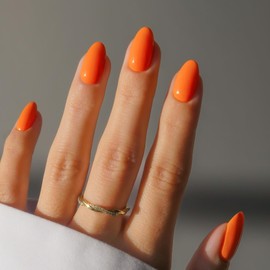 Orange Press on Nails Short Oval Round Nails Glue on, SXVME Fall Winter Short Fake Nails Press ons, Acrylic False Nails Handmade of Gel, Best Thick Short Almond Nails for Big & Petite Fingers, 24Pcs
