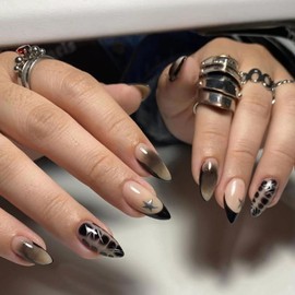 MISUD Press on Nails - Medium Almond Glue on Nails with Goth Black, Acrylic Silver Chrome Design 24 pcs