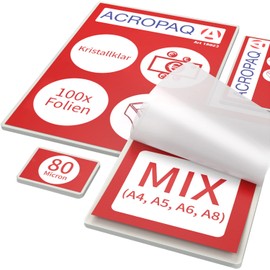 ACROPAQ Laminating Pouches Mix - 80 micron, Pack of 100 (A4, A5, A6, 20 of each, A8 Business Card Size, 40 Pieces), Glossy, Premium Quality, Rounded Corners, Suitable for Photos and Notes - 18023