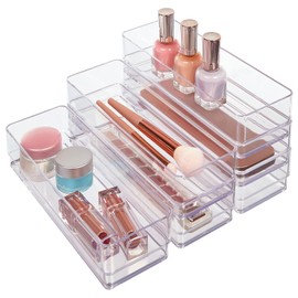STORi SimpleSort 6-Piece Stackable Clear Drawer Organizer Set | 9" x 3" x 2" Rectangle Trays | Narrow Makeup Vanity Storage Bins and Office Desk Drawer Dividers | Made in USA