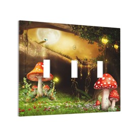 Mushroom Forest Moon Butterfly Light Switch Cover Plates 3 Gang Triple Toggle Wall Plate Decorative Electrical Faceplate for Bathroom Bedroom Home Decor Accessories 6.7" x 4.8"