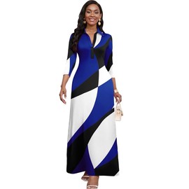 MarryUP Women's African Floral Printed Casual Party Holiday Long Maxi Dress V Neck 3/4 Sleeve Semi Formal Black Blue White L