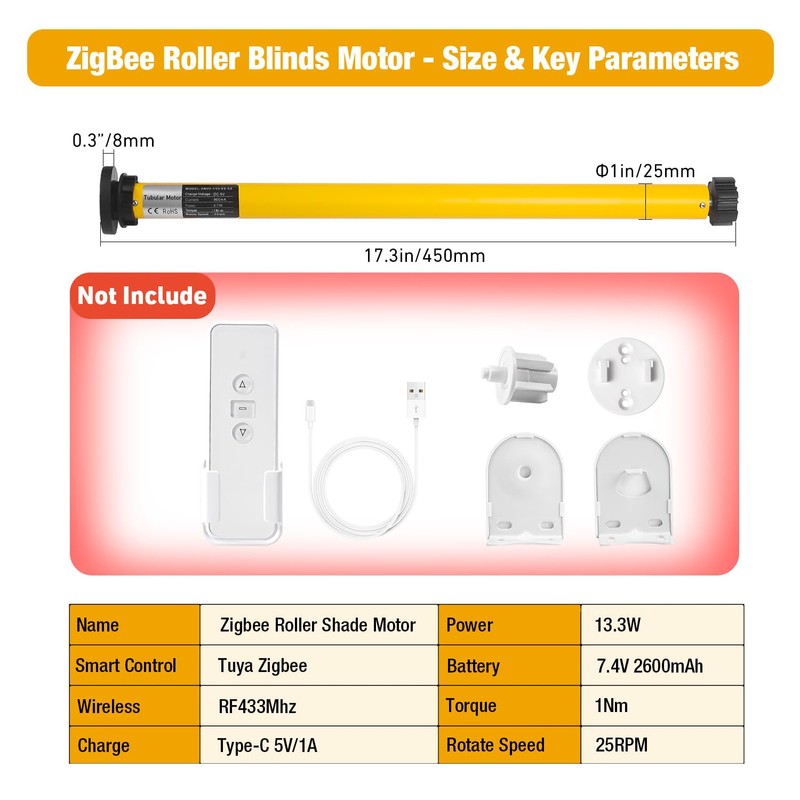 AM25 Zigbee Smart Blinds Motor Only-for 1.5" Roller Tube-Rechargeable DIY
