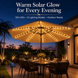 Solar Umbrella String Lights for Outdoor Décor – 104 LED 8-Mode Parasol Lamp for Patio, Garden and Parties
