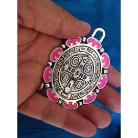 Silver Plated PINK  Saint St Benedict Pendant Cross Medal/ Medalla DE SAn Benito