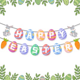 Happy Easter Banner Decorations with Bunny and Carrot Colorful Spring Paper Garland Sign for Fireplace Mantle Home Office Classroom Party Decor, Easter Egg Hunt Backdrop Supplies