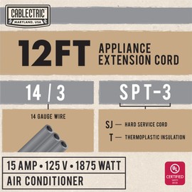 Cablectric 12 Foot Appliance Extension Cord, Gray - 14 Gauge 3 Prong SPT-3 Heavy Duty Cable for Major Appliances