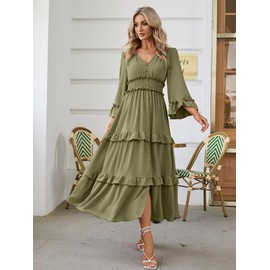 Amegoya Women's V Neck Long Sleeve Boho Maxi Dress Smocked Empire Waist Flowy Ruffle Tiered Photoshoot Dress (Army Green S)