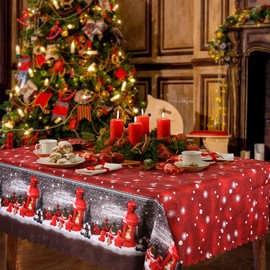 Fontien Christmas Tablecloth, Christmas Tablecloth, 180 x 150 cm, Long, Rectangular Christmas Tablecloths, Red, Washable Dining Tablecloth for Living Room, Dining Room, Party, White and Red