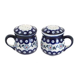 Blue Rose Polish Pottery - Blue Violet Salt & Pepper Shakers with Handles - 3.75" Tall - Hand-Painted Ceramic Seasoning Set for Table & Kitchen