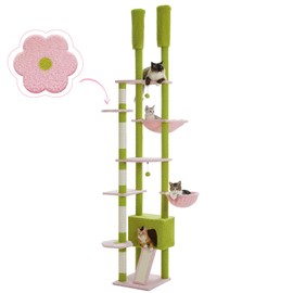 PEQULTI Tall Cat Tree Floor to Ceiling Cat Tower Adjustable Height (90.5''~100.4'' = 230cm~252cm) with Cat Condo, Cozy Hammock and Scratching Post, Pink Flower Cat Climbing Tree for Indoor Cats, Pink