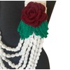 White Crochet Scarf Necklace with Red Rose, Green Leaves