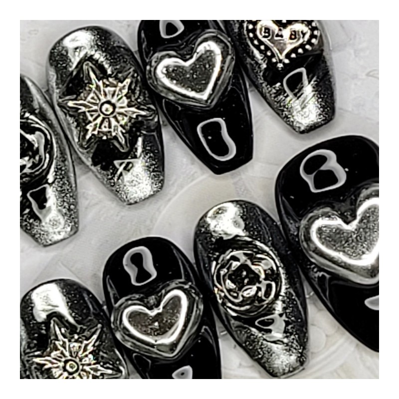 Chrome silver handmade nail tips, pedi tips - Almond S
