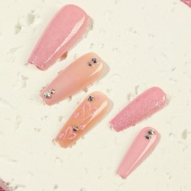 Heart Press on Nails Long Coffin Valentines Day Fake Nails, Glitter Pink Hearts with Rhinestones Design Gel Acrylic Nails Kit, False Nails New Year Fashion Nail Decorations 24 Pcs
