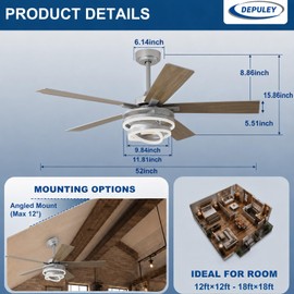 Depuley Outdoor Ceiling Fan with Light: 52 Inch 3 Blades Low Profile Ceiling Fans for Patios - Modern Silver Ceiling Fan with Dimmable Light Remote Control Reversible DC Motor Timer
