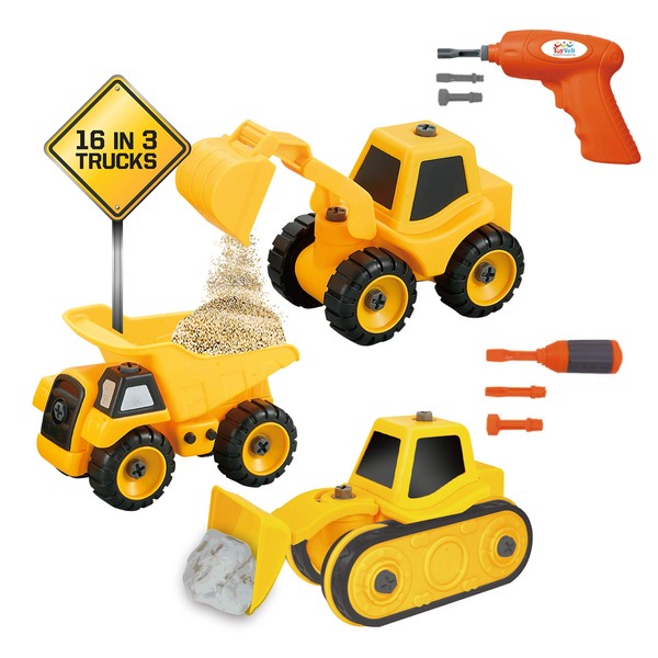 Toyvelt Construction Take Apart Trucks Stem Learning Take Apart Toys With Electric Drill - Dump Truck, Cement Truck & Digger Toy, With Drill Included, Great Gift For Boys & Girls Ages 3 - 12 Years Old
