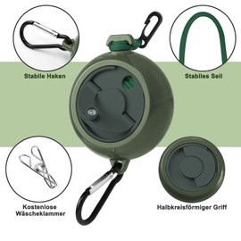 JASUEN Retractable Washing Line for Camping and Travel - Updated Extra Long 10 m Portable and Robust Cord with Large Crank (Army Green)