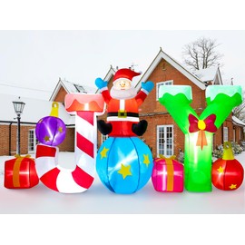 Meland 8FT Joy Christmas Inflatables Outdoor Decoration - Inflatable Christmas Yard Decorations with Built-in LED Light, Christmas Blow Ups with Santa, Candy Cane & Gift Box, Inflatable Decor Outside
