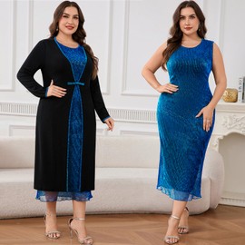 ZOMVA Plus Size 2 Pieces Mother of The Bride Sparkly Dress Set with Jacket Formal Wedding Guest Evening Elegant Outfit, Peacock Blue and Black, 4X-Large Plus