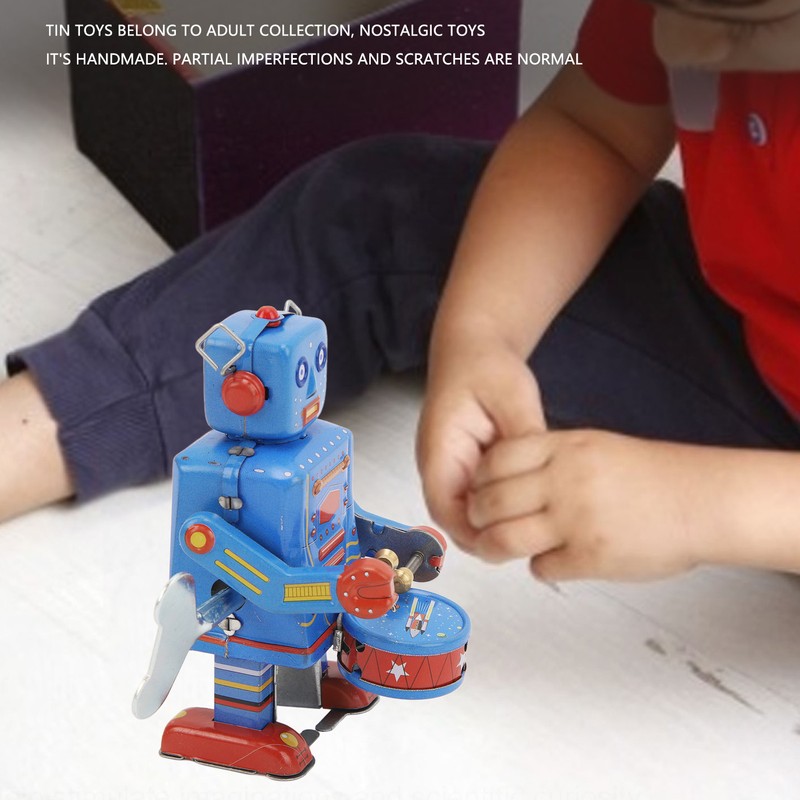 Clockwork Drumming Robot Toy Tinplate Retro Hand Made Drum Wind