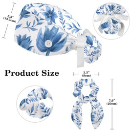 FVQL Scrub Caps Women, Floral Flowers, Ponytail Holder Surgical Cap with Hair Scrunchy Blue White
