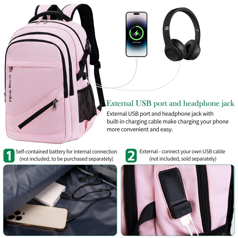 FENGDONG - Mochila para portátil con carga USB y auriculares