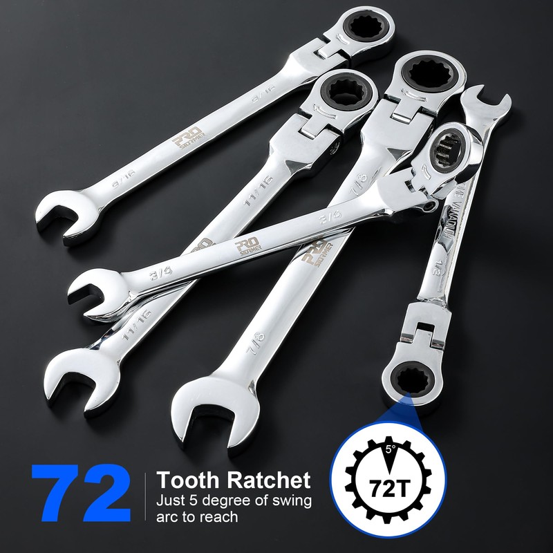 Prostormer 14-Piece SAE Flex-Head Ratcheting Wrench Set, 1/4" to 1"