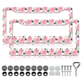 HCSS 2PCS Beautiful Pink Rose License Plate Frames, Pink Floral Aluminum Metal License Plate Holder Covers Car Accessory, Rust-Proof Waterproof Car Decorative Tag Frames for Standard US 12x6 Inch