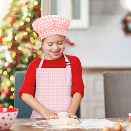 TOPWAYS Kids Apron and Chef Hat Set, Adjustable Check Child Chef Aprons with Pockets for Kids Painting Baking Cooking (Pink, M)