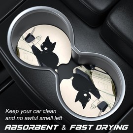 Aiawoxc Car Cup Holder Coasters, 2 Pack Universal Auto Anti Slip Insert Coaster, Rubber Car Coasters with A Finger Notch, Cute Car Assecories for Women, Cup Mat for Most Car Interior(Cute Reading Cat)