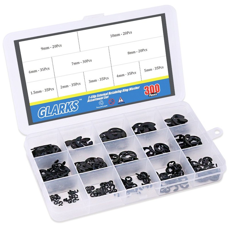Glarks 300-Pieces 10 Size Black Alloy Steel E-Clip External Retaining