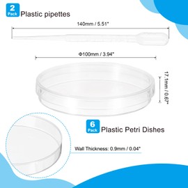 PATIKIL 100mm Plastic Petri Dishes with Lid and 2ml Plastic Pipettes, 6 Pcs Petri Plates Tissue Culture Plate for Lab Science Experiment, Clear
