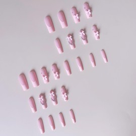 RIICFDD Cute Press on Nails Long Coffin Fake Nails Cute False Nails Pink French Tip Glue on Nails Rhinestone Bow Nail Charms Full Cover Glossy Acrylic Nails for Women Artificial Nails 24 Pcs