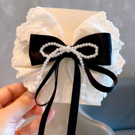 [YNOBUN] Girls Sweet Lace Cotton Ribbon Bow Pearl Tasky Hair Clip Top Clip with Bow Hair Accessory-bg