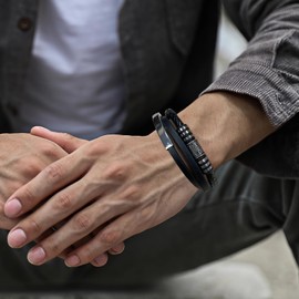 SeiMios Mens Leather Bracelet 8.5" Viking Multi-Layer Braided Wristband Bangle Stainless Steel Gifts for Him