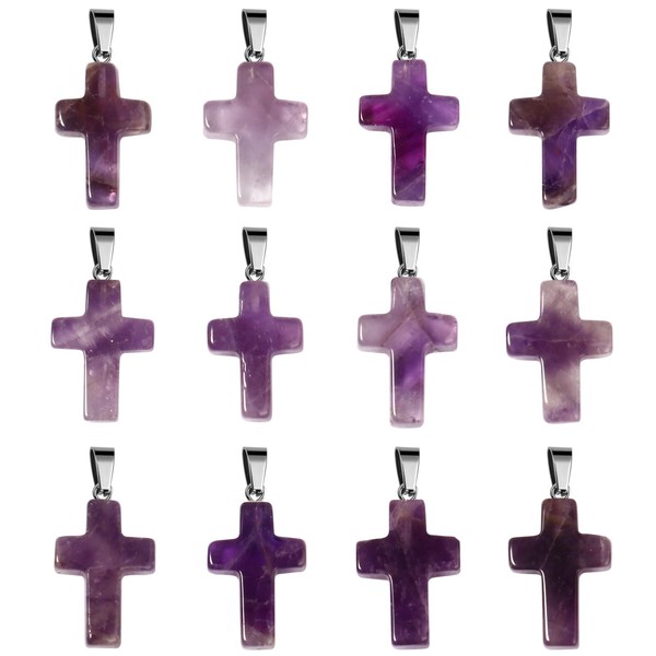 Cadikez 12PCS Natural Stone Cross Pendant, Amethyst Quartz Healing Crystal