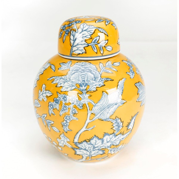 AAI Tropical Leat Round Porcelain Jar, Yellow and Blue
