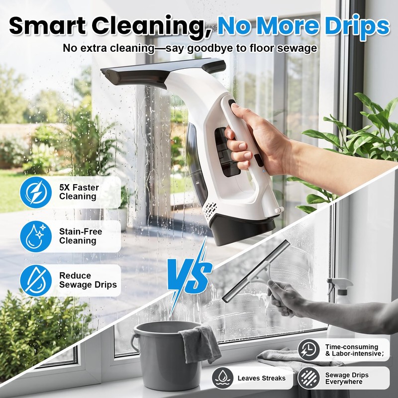 Window Vacuum Squeegee Cordless, 2000Pa Electric Window Cleaner Tool