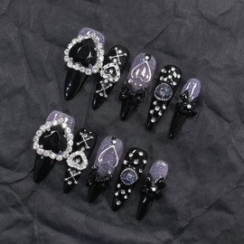 TENPAL Handmade Long Stiletto Press on Nails Y2k Purple Black Nails Spicy Style with Rhinestones Bowknots and Steel Balls Reusable Glue on Nails Artificial Gel Stick on Nails for Sweet Cool Girls(M)