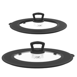 Set of 2 Vented Tempered Glass Universal Lid for Pot Pan Skillet with Heat Resistant Silicone Microwave Safe Splatter Lid Cover Fit 8” 8.5” 9“ and 9.5“ 10” 10.5“ 11”, Black