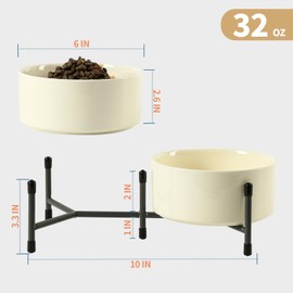 6 Inch Elevated Dog Bowl with Adjustable Metal Stand, 32 OZ Raised Ceramic Dog Bowls Set for Food and Water Bowl, Double Pet Feeding Dishes for Small and Medium Breed Dogs, Beige, Set of 2